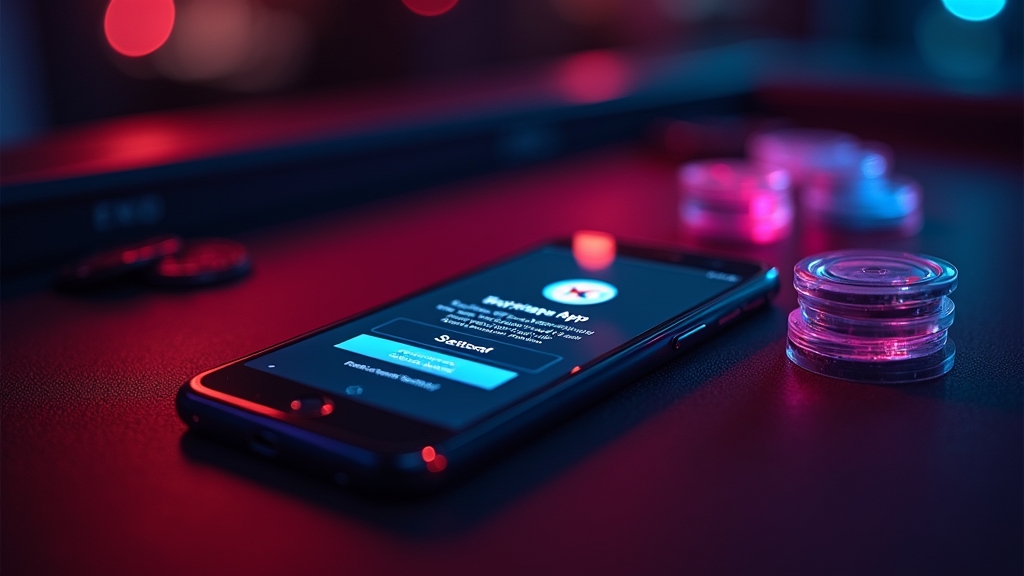 Android phone with casino app download screen in a neon casino setting