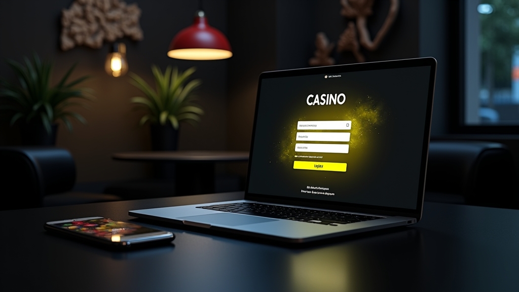 Laptop und Smartphone zeigen einen Casino-Login-Bildschirm in dunkler Neon-Umgebung