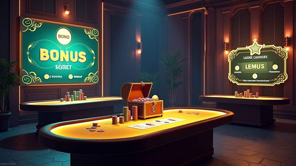 A neon casino lobby showing bonus offers, chips, and a glowing welcome reward display.