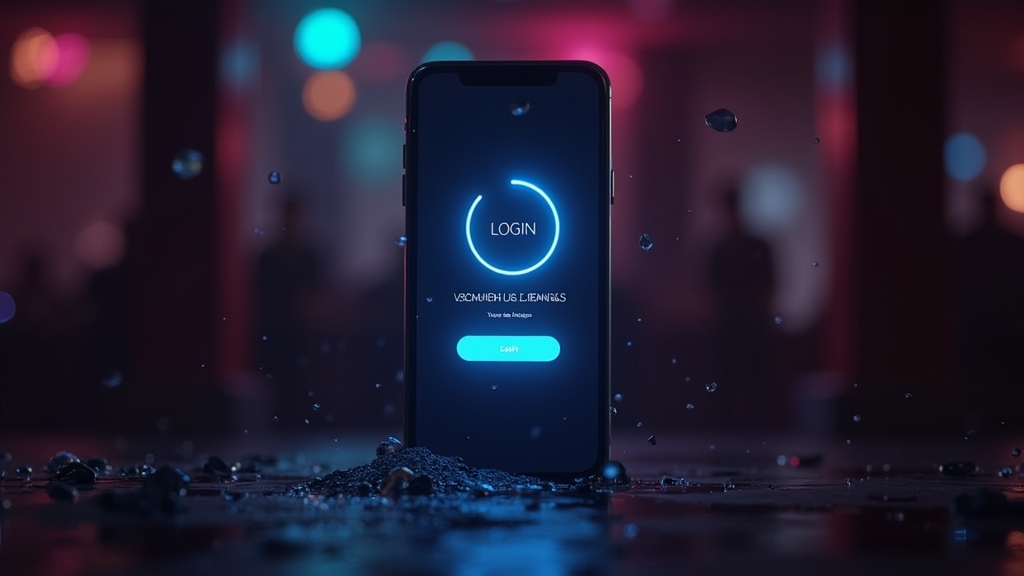 Eingefrorener mobiler Casino-Login-Bildschirm in dunkler Neon-Umgebung