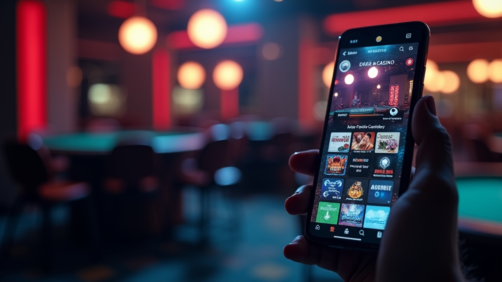 Smartphone showing casino app features and live play