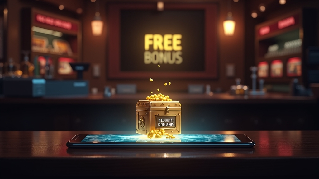 A casino cashier scene with a free bonus banner and a glowing welcome reward chest.