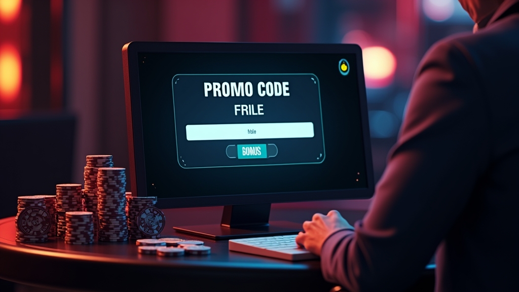 A player entering a promo code at a casino cashier screen beside glowing chips.