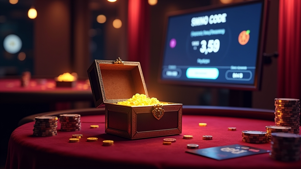 Glowing treasure boxes and promo code cards on a luxury casino table.